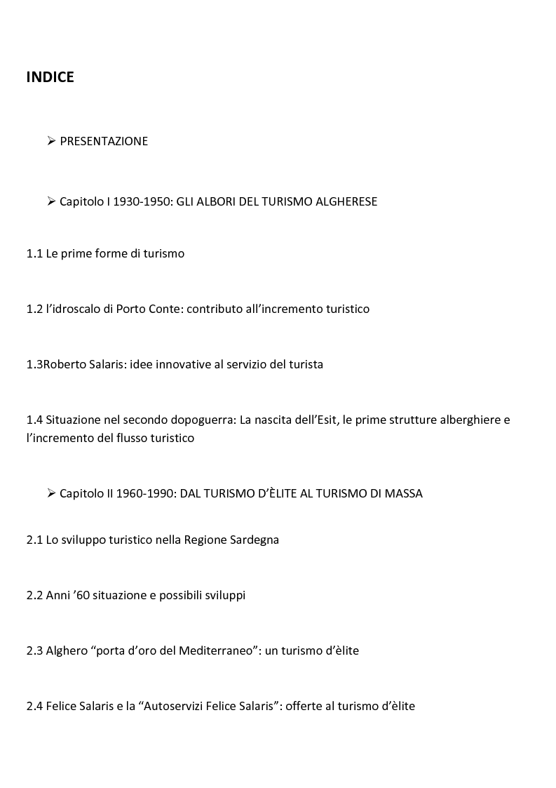 Indice della tesi: Aziende di servizio al turismo d'élite in Alghero, Pagina 1