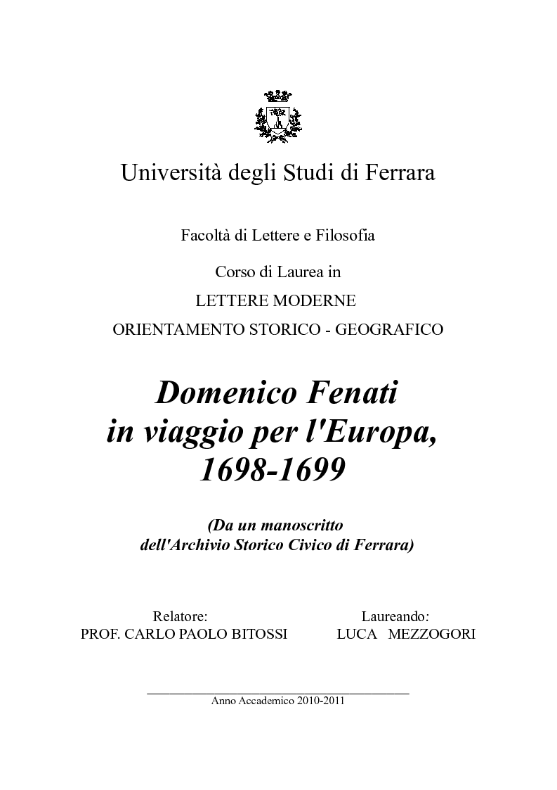 Anteprima della tesi: Domenico Fenati in viaggio per l'Europa 1698 - 1699, Pagina 1
