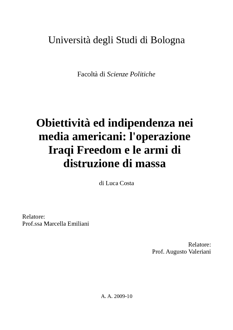 Anteprima della tesi: Obiettività ed indipendenza nei media americani: l'operazione Iraqi Freedom e le armi di distruzione di massa, Pagina 1