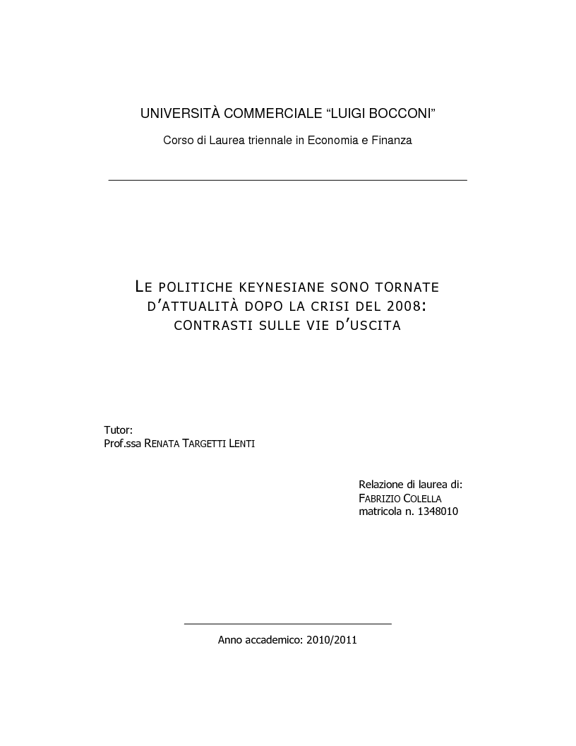 Anteprima della tesi: Le politiche keynesiane sono tornate d'attualità dopo la crisi del 2008: contrasti sulle vie d'uscita , Pagina 1