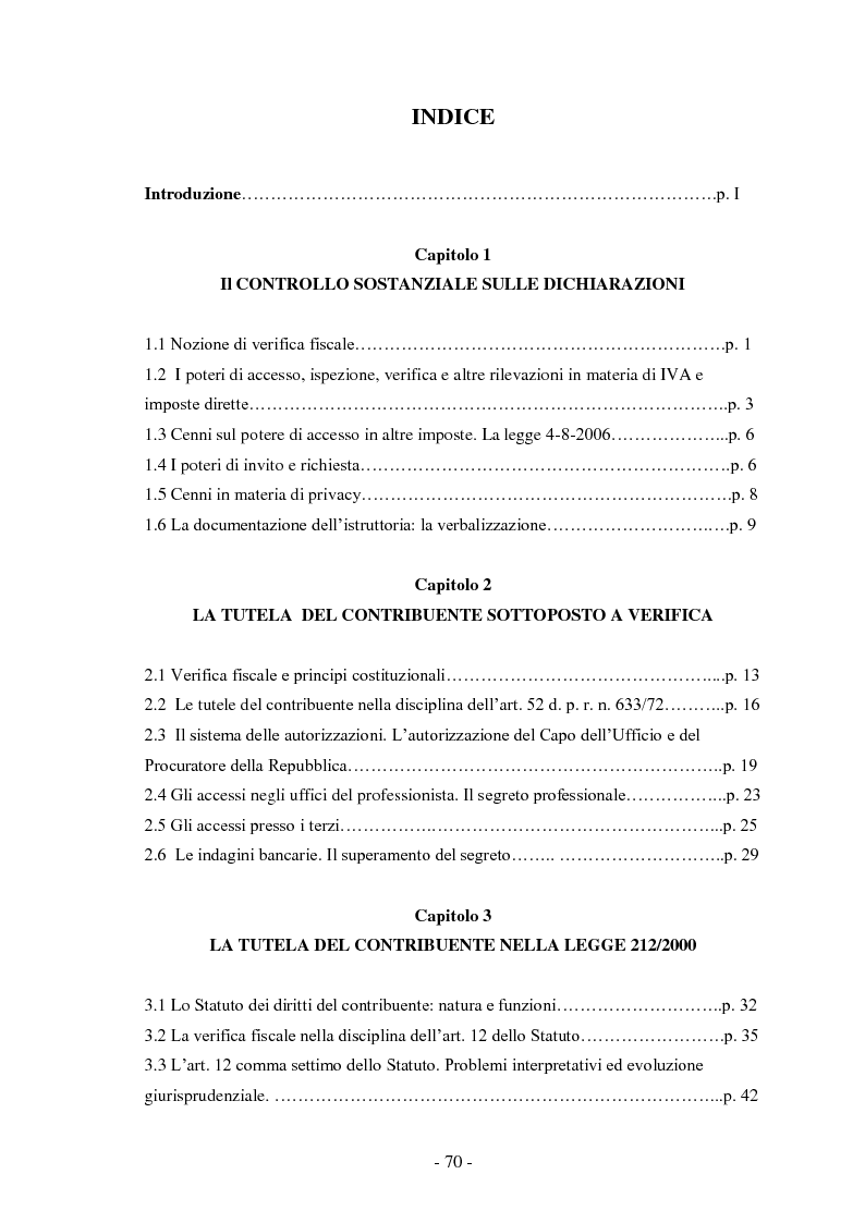 Indice della tesi: La disciplina degli accessi e delle verifiche fiscali e la tutela del contribuente, Pagina 1