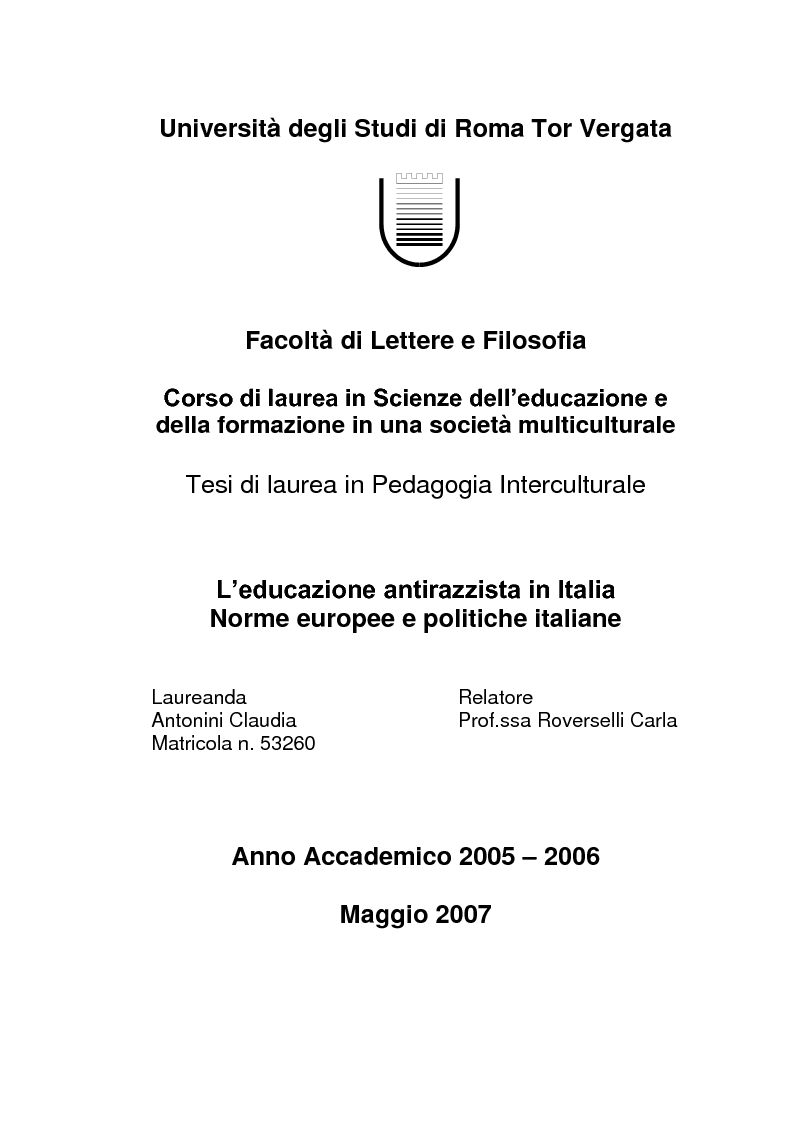 Anteprima della tesi: L’educazione antirazzista in Italia - Norme europee e politiche italiane, Pagina 1