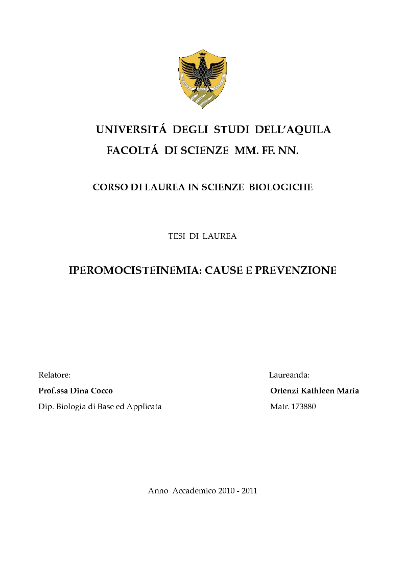 Anteprima della tesi: Iperomocisteinemia: cause e prevenzione, Pagina 1