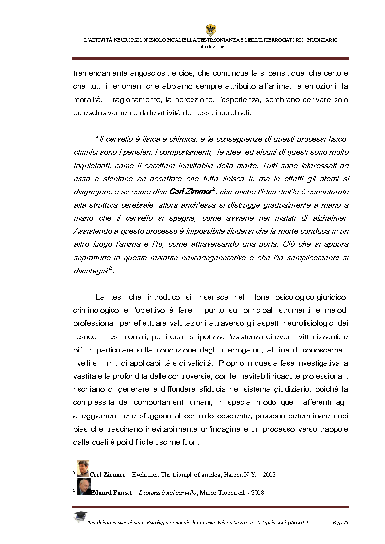 Anteprima della tesi: L'attività neuropsicofisiologica nella testimonianza e nell'interrogatorio giudiziario, Pagina 3