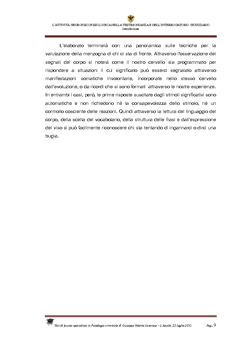 Anteprima della tesi: L'attività neuropsicofisiologica nella testimonianza e nell'interrogatorio giudiziario, Pagina 7
