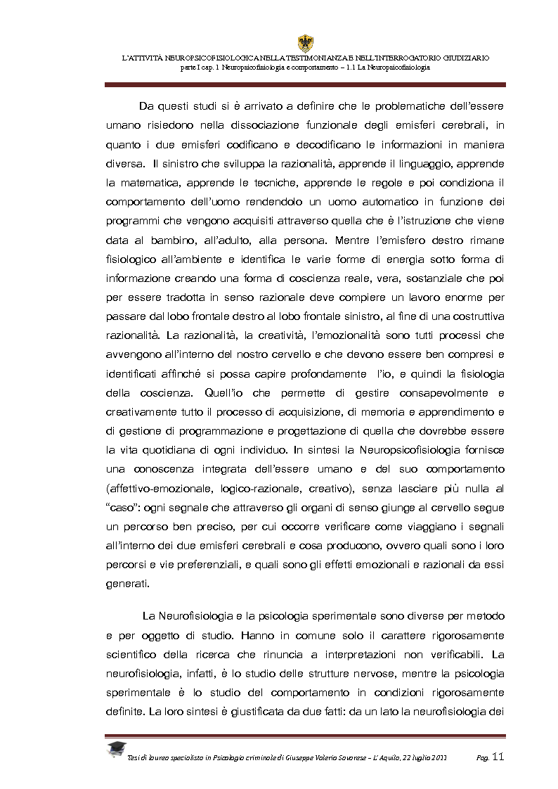 Anteprima della tesi: L'attività neuropsicofisiologica nella testimonianza e nell'interrogatorio giudiziario, Pagina 9