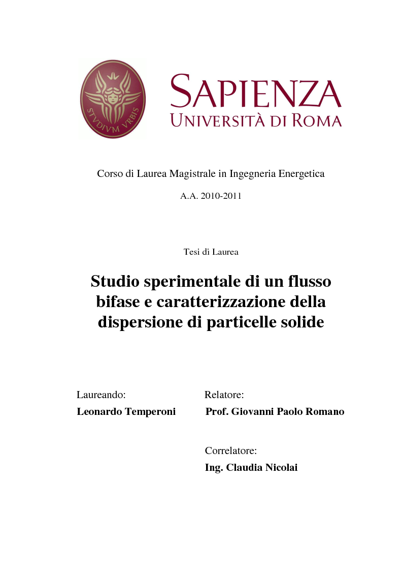 Anteprima della tesi: Studio sperimentale di un flusso bifase e caratterizzazione della dispersione di particelle solide, Pagina 1