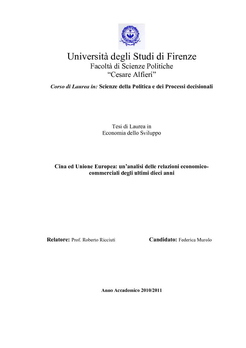 Anteprima della tesi: Cina ed Unione Europea: un'analisi delle relazioni economico-commerciali degli ultimi dieci anni, Pagina 1