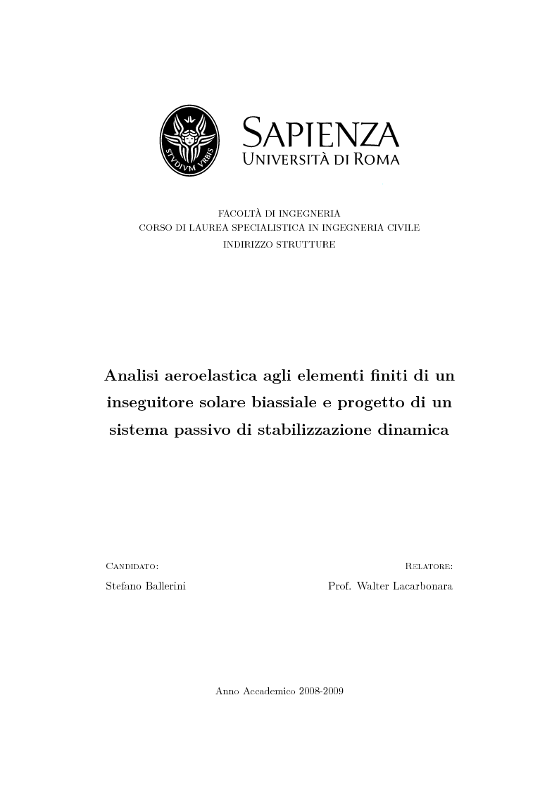 Anteprima della tesi: Analisi aeroelastica agli elementi finiti di un inseguitore solare biassiale e progetto di un sistema passivo di stabilizzazione dinamica, Pagina 1