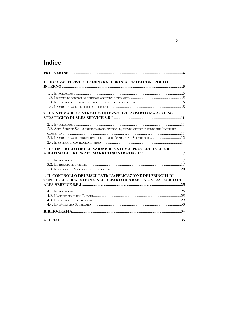Indice della tesi: Il controllo interno come strumento di sviluppo: il caso Alfa Service S.r.l., Pagina 1