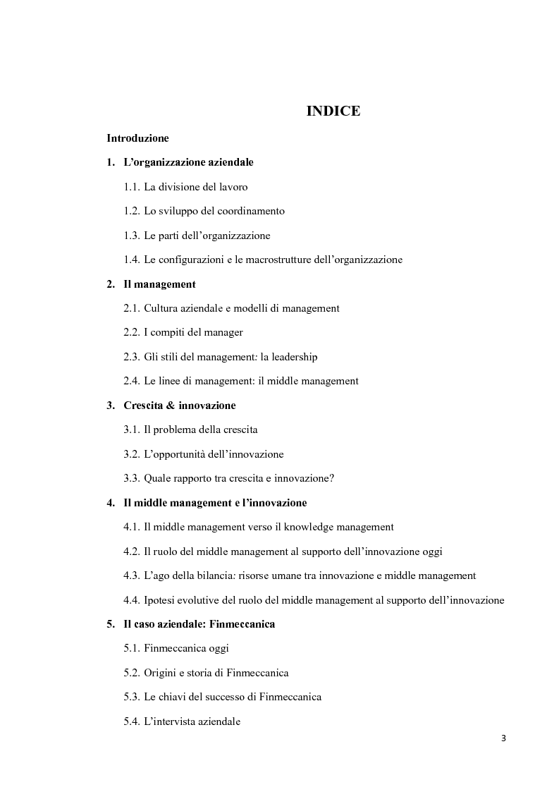 Indice della tesi: Il middle management e l’innovazione - Il caso Finmeccanica, Pagina 1