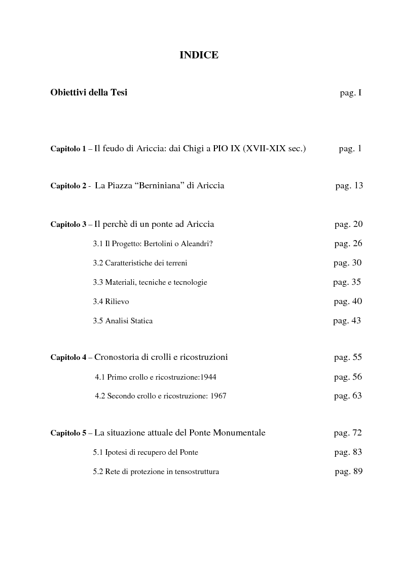Indice della tesi: Il Ponte Monumentale di Ariccia (Storia, costruzione e statica), Pagina 1
