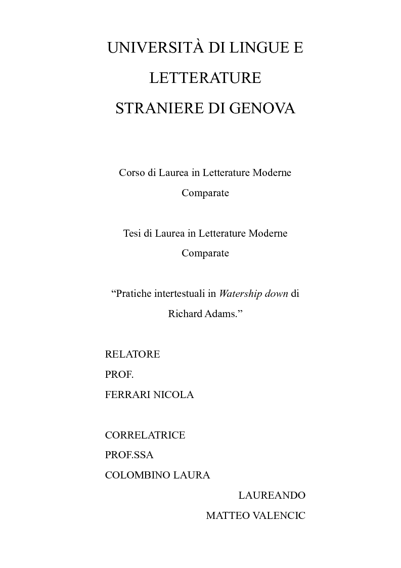 Anteprima della tesi: Pratiche intertestuali in Watership Down di Richard Adams, Pagina 1