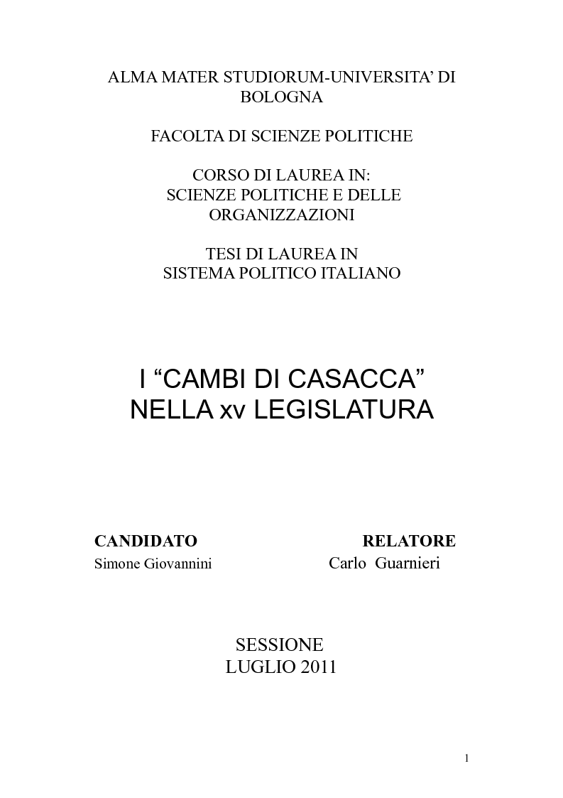 Anteprima della tesi: I ''cambi di casacca'' nella XV legislatura, Pagina 1