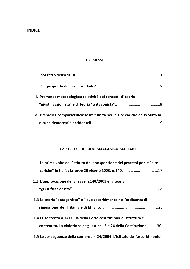 Indice della tesi: Lodo Alfano: problemi di costituzionalità, Pagina 1
