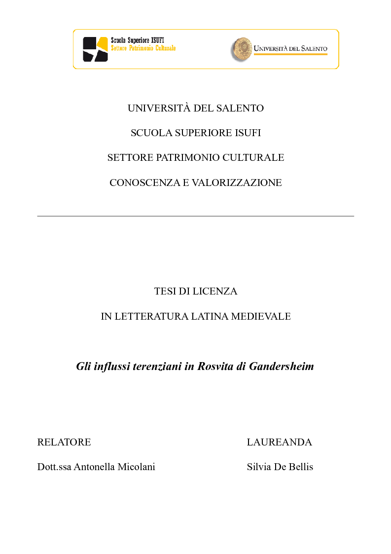 Anteprima della tesi: Gli influssi terenziani in Rosvita di Gandersheim, Pagina 1