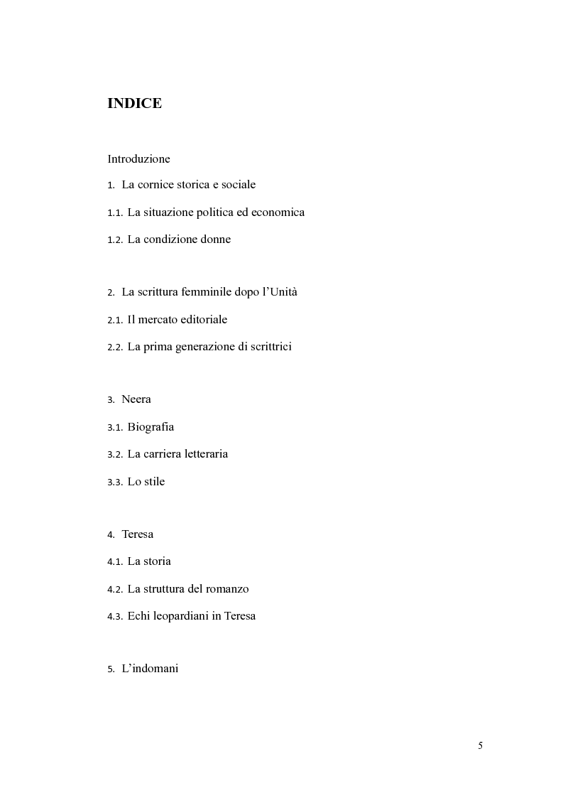 Indice della tesi: Teresa, Marta, Nanna, Denza: il contributo di Neera e della Marchesa Colombi al rinnovamento del romanzo del secondo Ottocento, Pagina 1