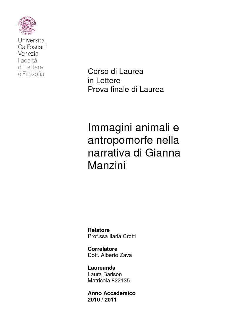 Anteprima della tesi: Immagini animali e antropomorfe nella narrativa di Gianna Manzini, Pagina 1