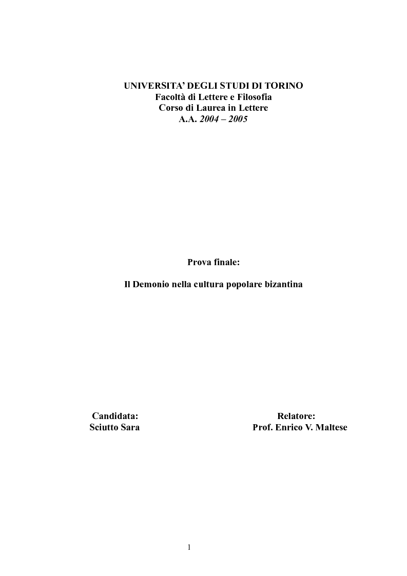 Anteprima della tesi: Il Demonio nella cultura popolare bizantina, Pagina 1