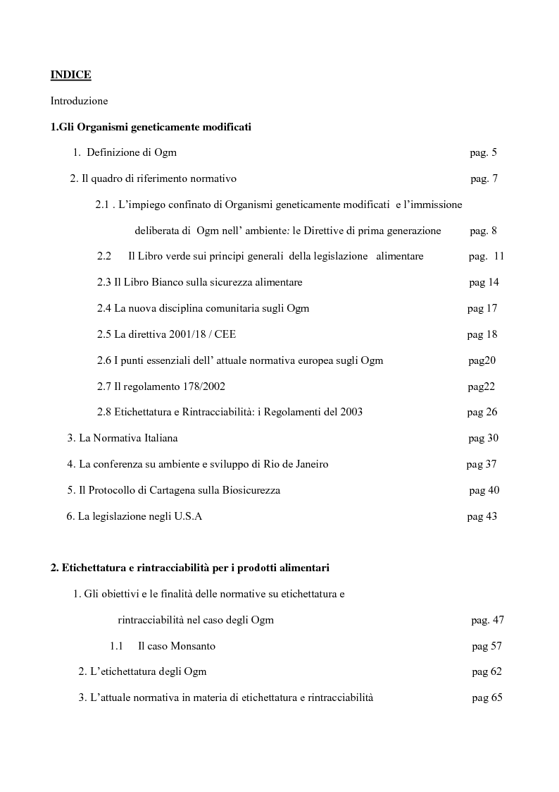 Indice della tesi: La disciplina giuridica degli Organismi Geneticamente Modificati: tra diritto dell'Unione Europea e diritto interno, Pagina 1
