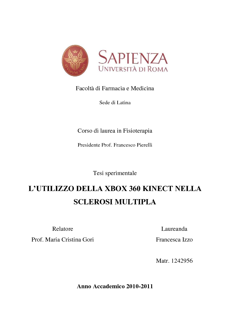 Anteprima della tesi: L'utilizzo della XBOX 360 Kinect nella Sclerosi Multipla, Pagina 1