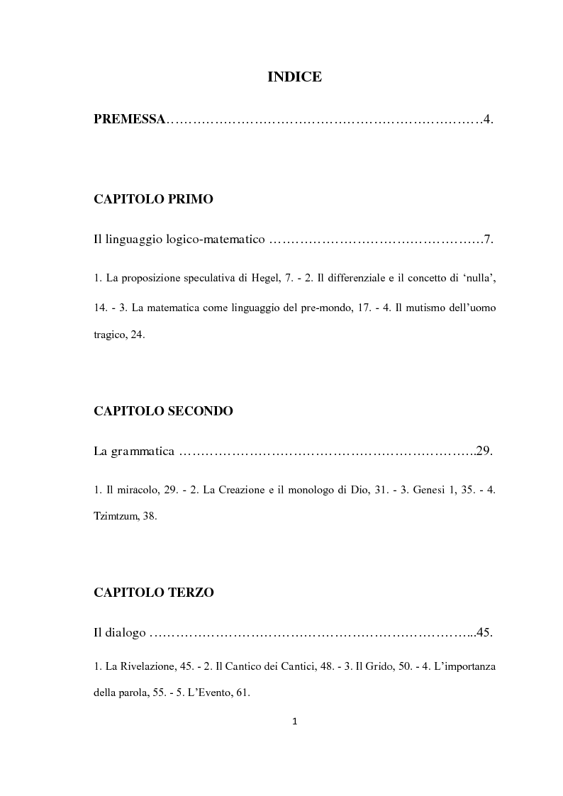 Indice della tesi: Il linguaggio come Ereignis nel pensiero di Franz Rosenzweig, Pagina 1