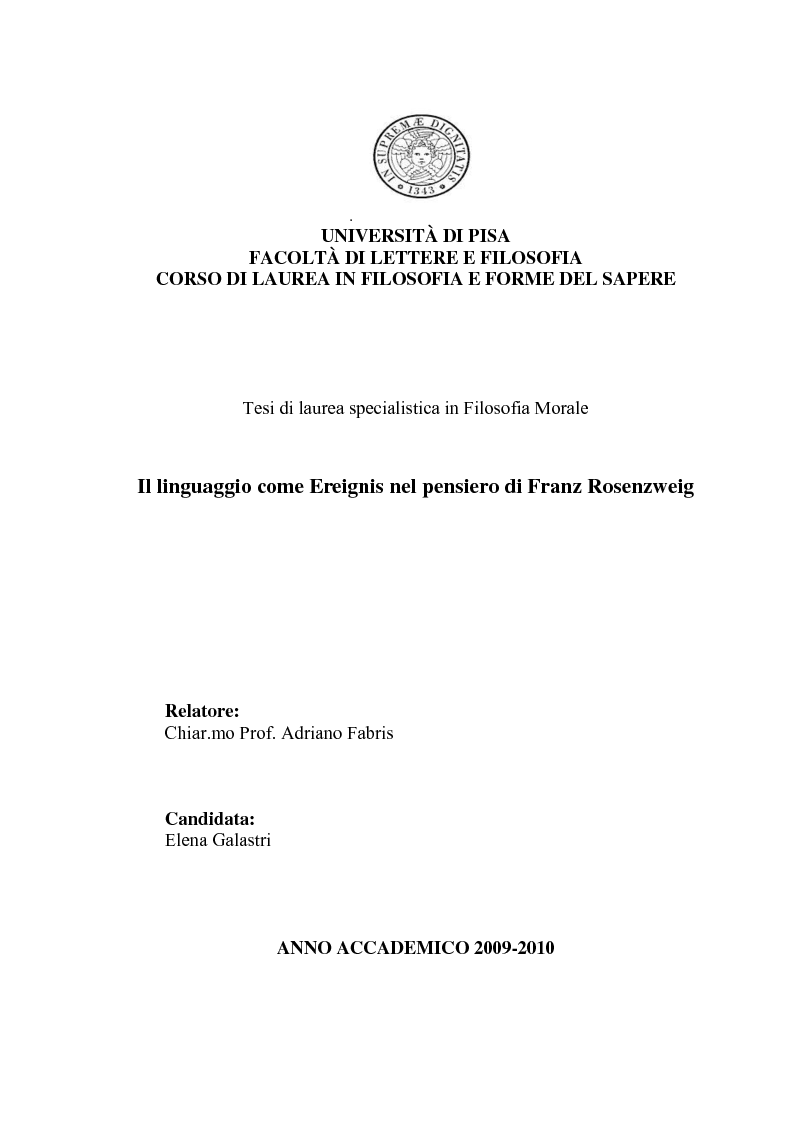 Anteprima della tesi: Il linguaggio come Ereignis nel pensiero di Franz Rosenzweig, Pagina 1