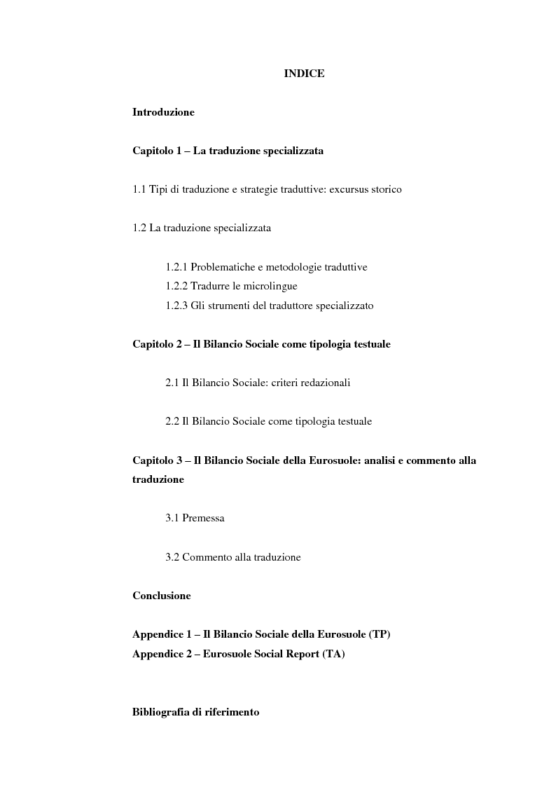 Indice della tesi: Teoria e pratica della traduzione specializzata: il bilancio sociale della Eurosuole, Pagina 1