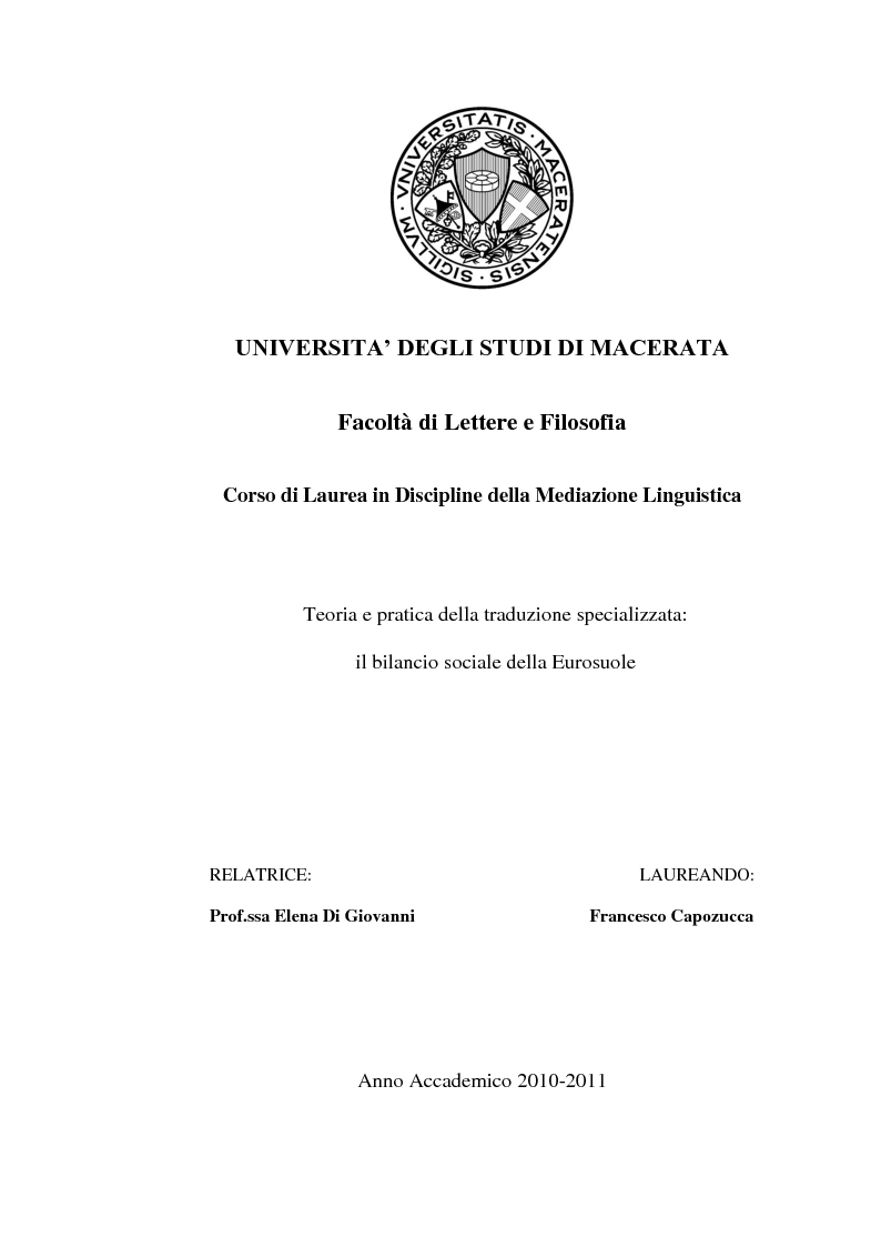 Anteprima della tesi: Teoria e pratica della traduzione specializzata: il bilancio sociale della Eurosuole, Pagina 1