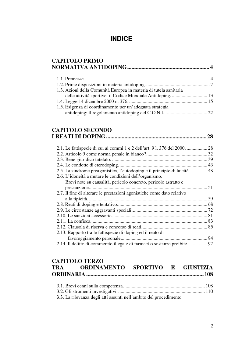 Indice della tesi: Profili penalistici del doping sportivo, Pagina 1