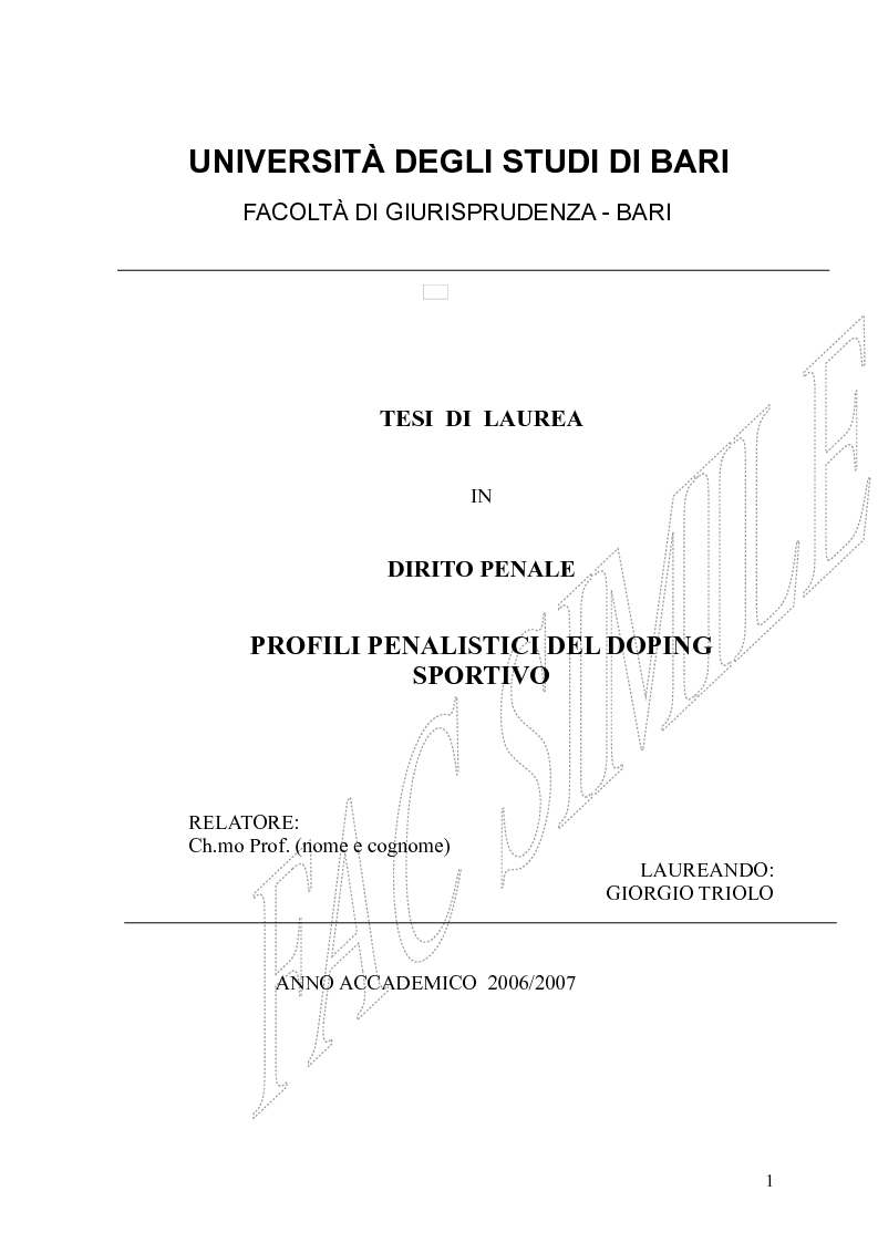 Anteprima della tesi: Profili penalistici del doping sportivo, Pagina 1