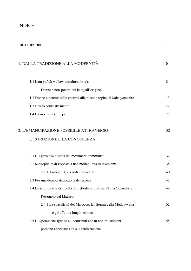 Indice della tesi: Movimenti non conflittuali per un cambiamento: l'impegno di intellettuali musulmane., Pagina 1