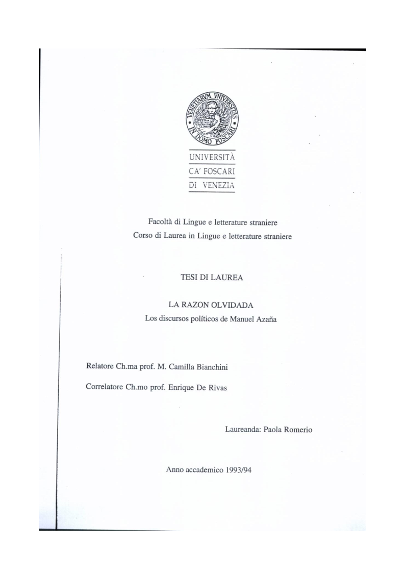 Anteprima della tesi: La razon olvidada - Los discursos políticos de Manuel Azaña, Pagina 1