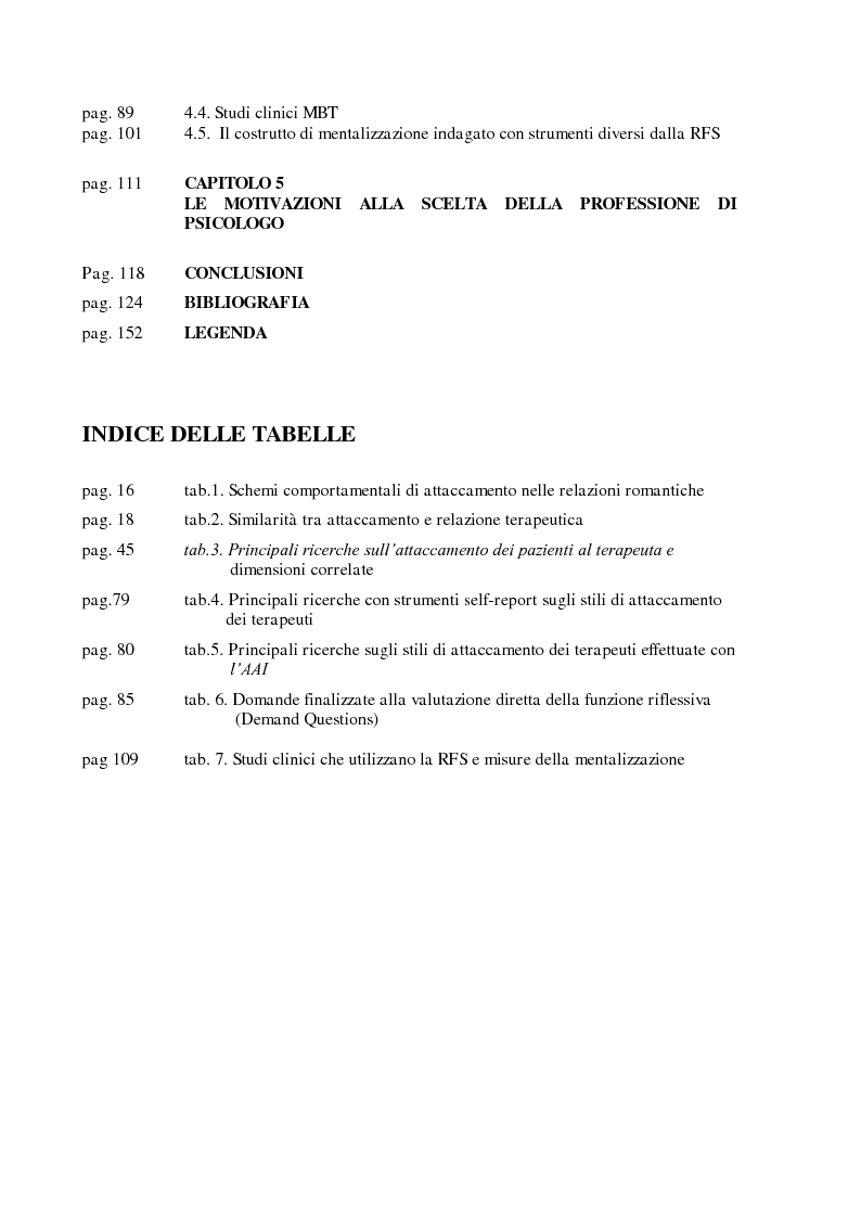 Indice della tesi: Attaccamento e Mentalizzazione nella Relazione Terapeutica: I Dati della Ricerca Empirica, Pagina 2