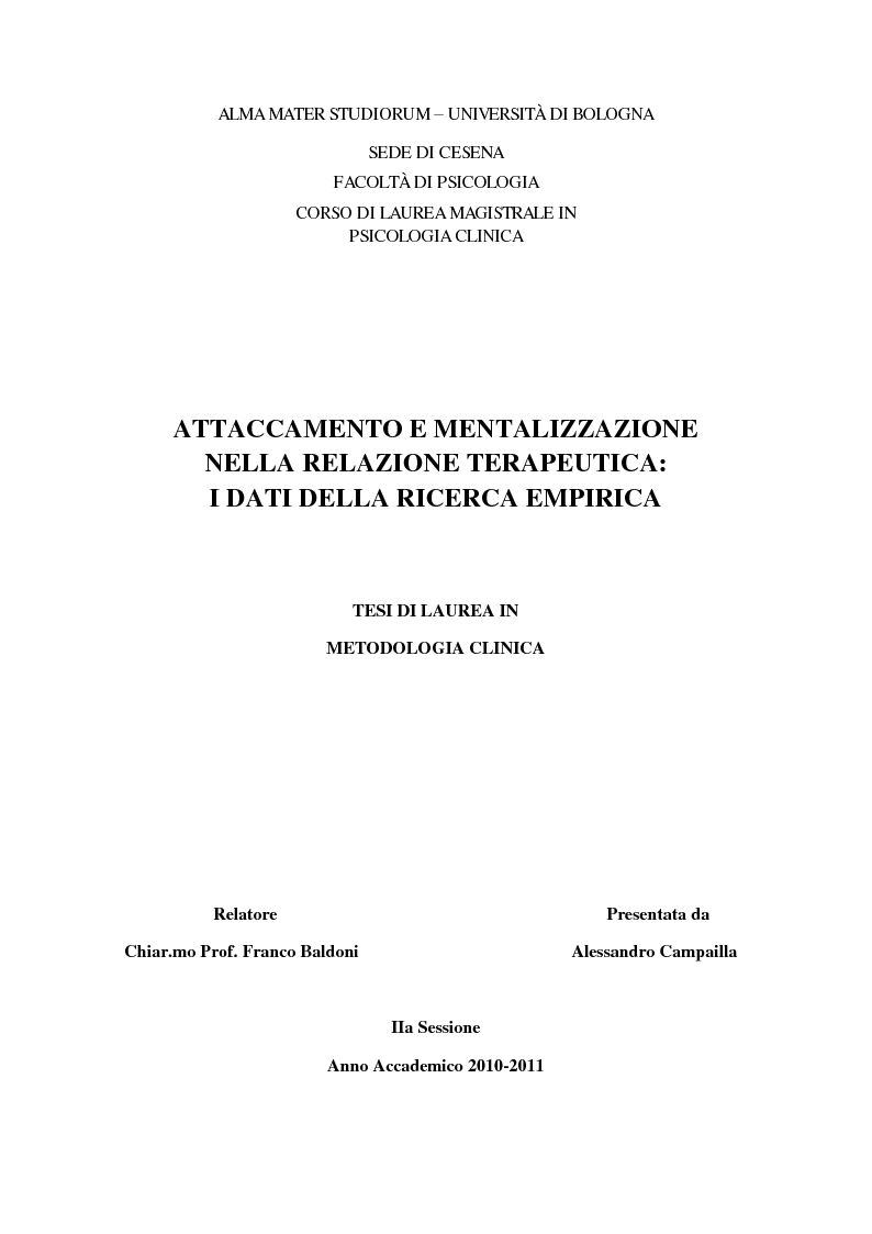 Anteprima della tesi: Attaccamento e Mentalizzazione nella Relazione Terapeutica: I Dati della Ricerca Empirica, Pagina 1