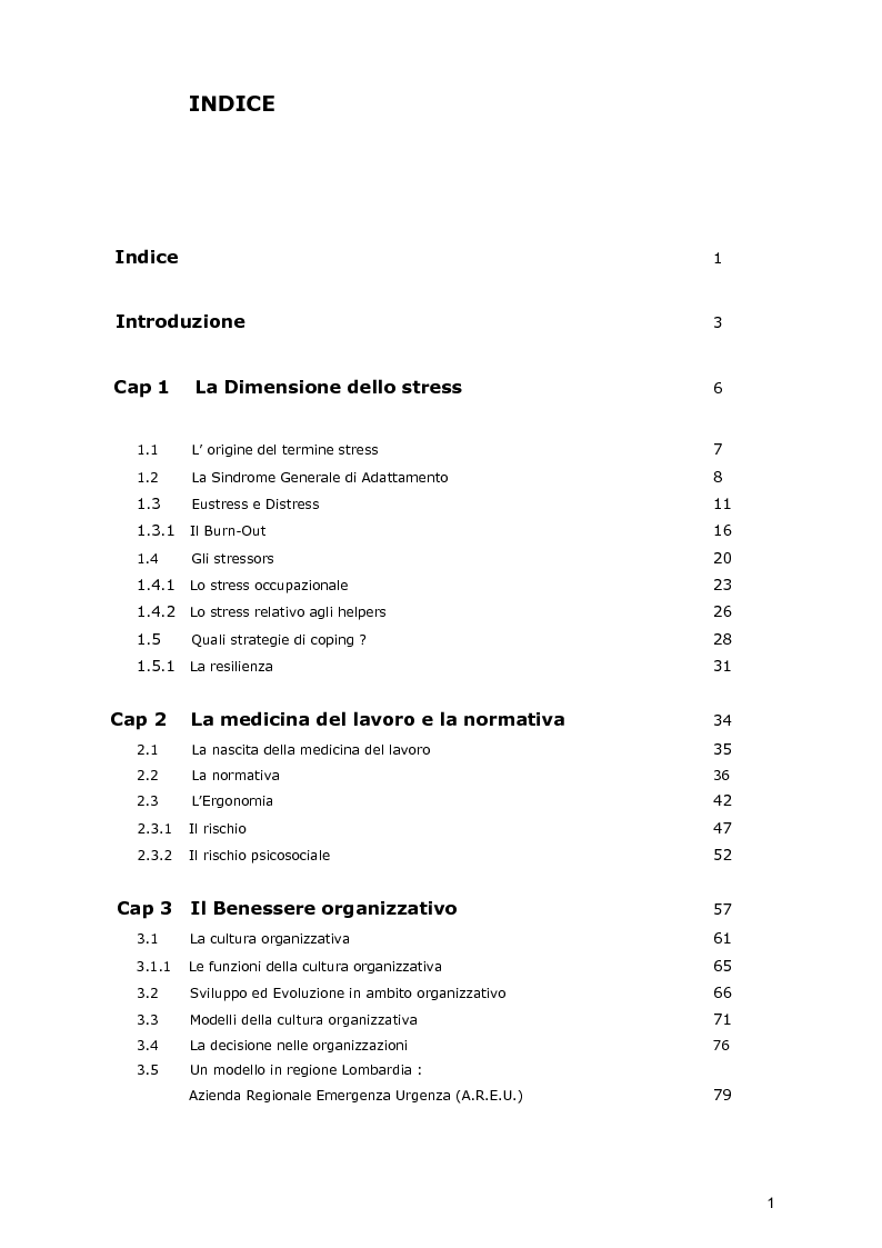 Indice della tesi: La dimensione dello stress nel personale sanitario impegnato nel dispatch telefonico nelle A.A.T. 118 Lombarde: ricerca di un modello di supporto, Pagina 1