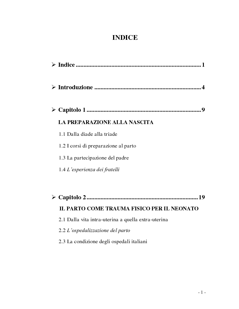 Indice della tesi: Dal feto al bambino: il processo di nascita, Pagina 1