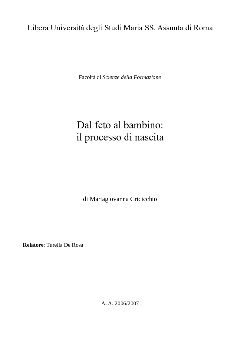 Anteprima della tesi: Dal feto al bambino: il processo di nascita, Pagina 1