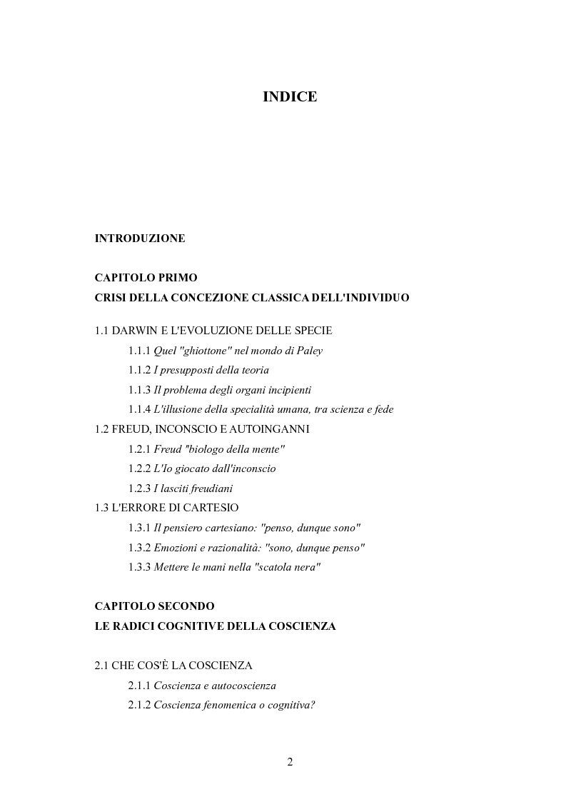 Indice della tesi: La mente che si inganna. Una prospettiva evoluzionistica sulla coscienza, Pagina 1