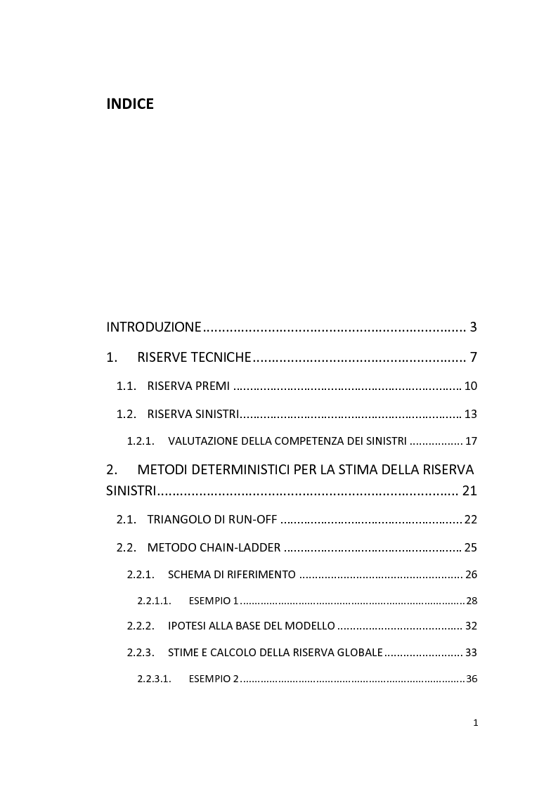 Indice della tesi: Metodi di valutazione per la stima della riserva sinistri, Pagina 1