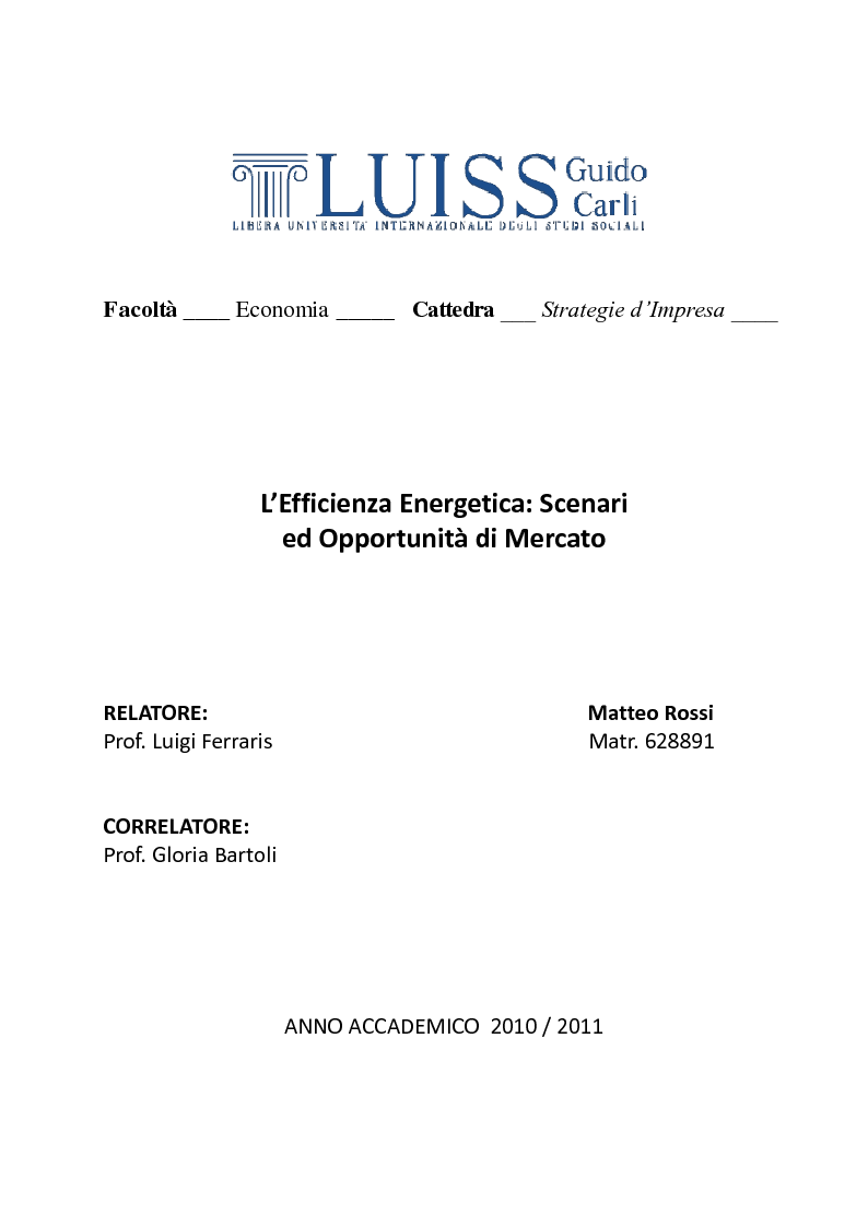 Anteprima della tesi: L'Efficiente Energetica: Scenari ed Opportunità di Mercato, Pagina 1