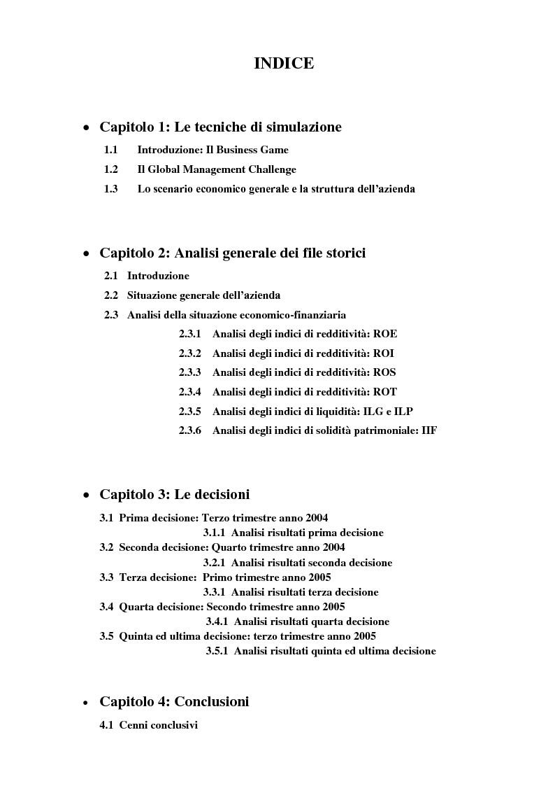 Indice della tesi: Il Business Game: l'impatto delle decisioni aziendali sulle performance economiche e finanziarie, Pagina 1