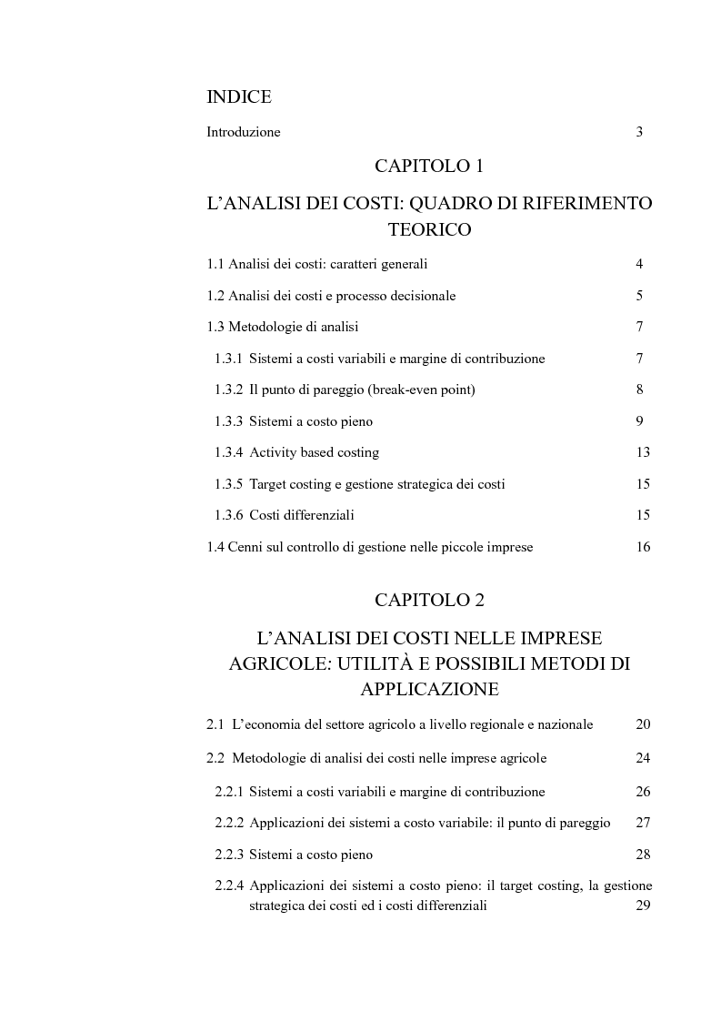 Indice della tesi: L'analisi dei costi nelle piccole imprese agricole, Pagina 1