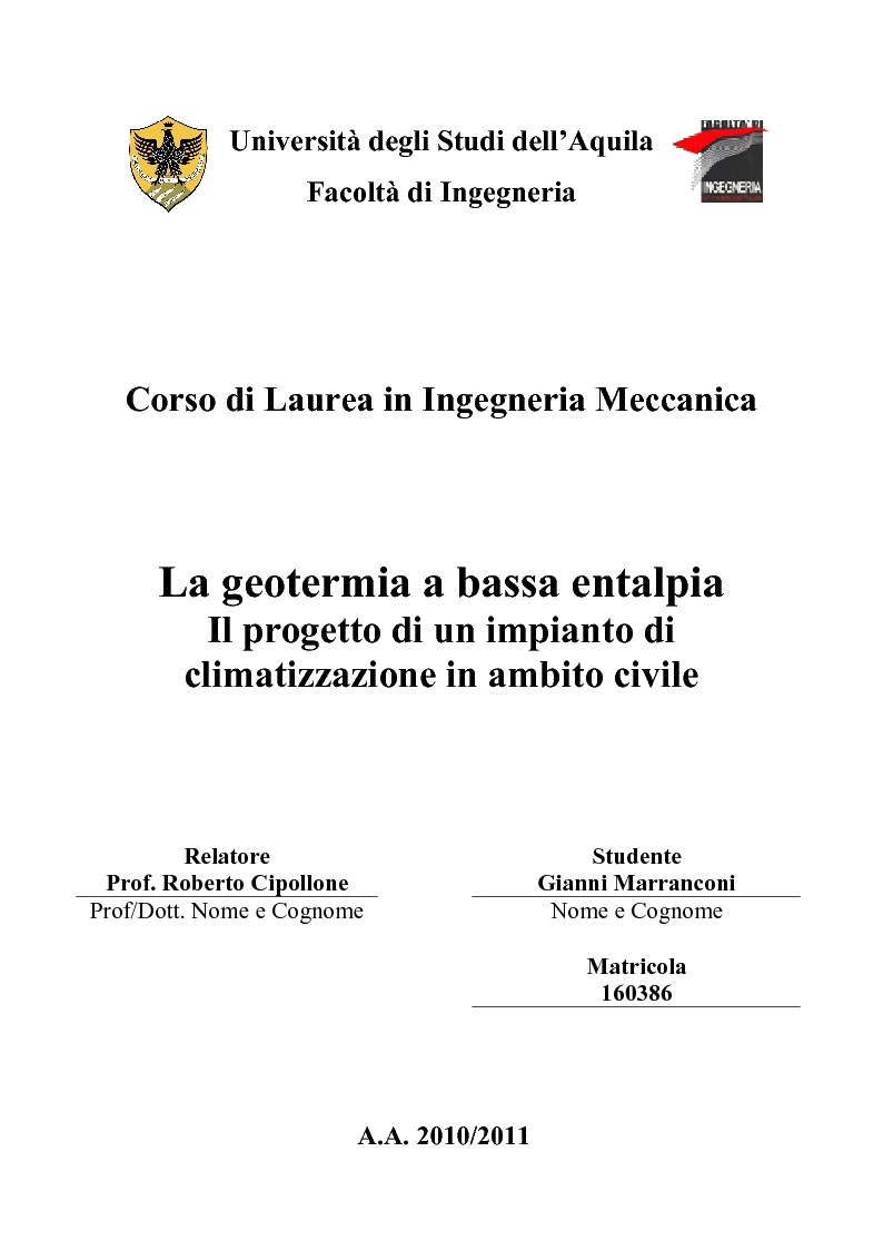 Anteprima della tesi: La geotermia a bassa entalpia. Il progetto di un impianto di climatizzazione in ambito civile, Pagina 1