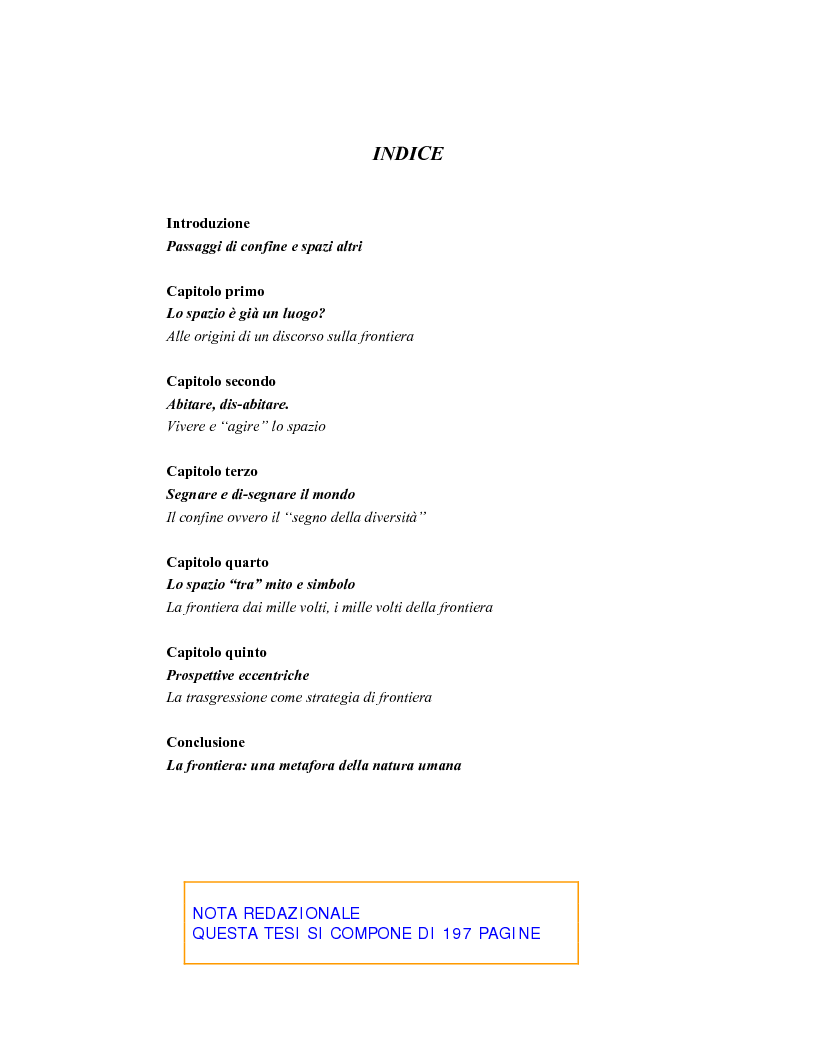 Indice della tesi: L'ambigua natura della frontiera, Pagina 1