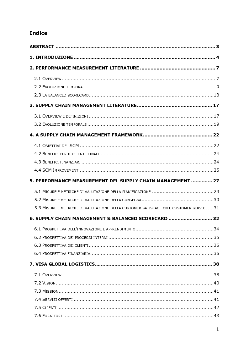 Indice della tesi: Sistemi di misurazione delle performance di 3PL: il caso VISA Global Logistics, Pagina 1