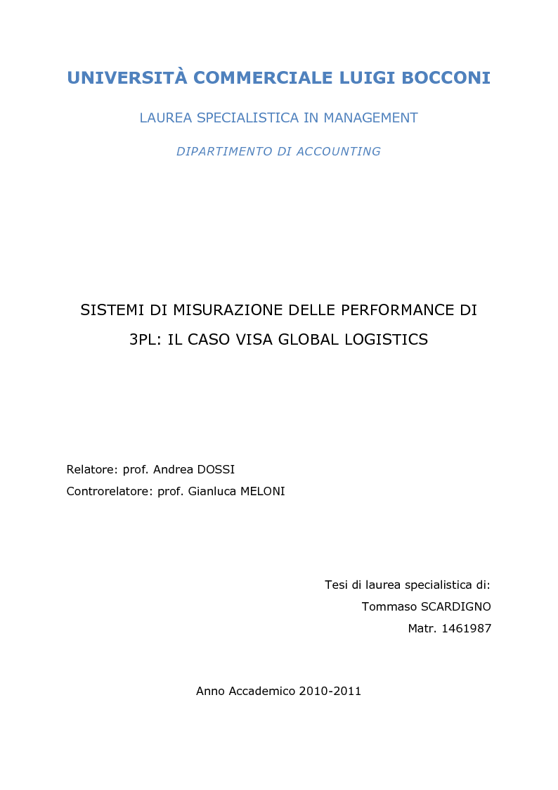 Anteprima della tesi: Sistemi di misurazione delle performance di 3PL: il caso VISA Global Logistics, Pagina 1