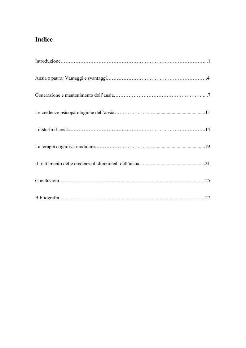 Indice della tesi: L'approccio cognitivo comportamentale ai disturbi d'ansia, Pagina 1