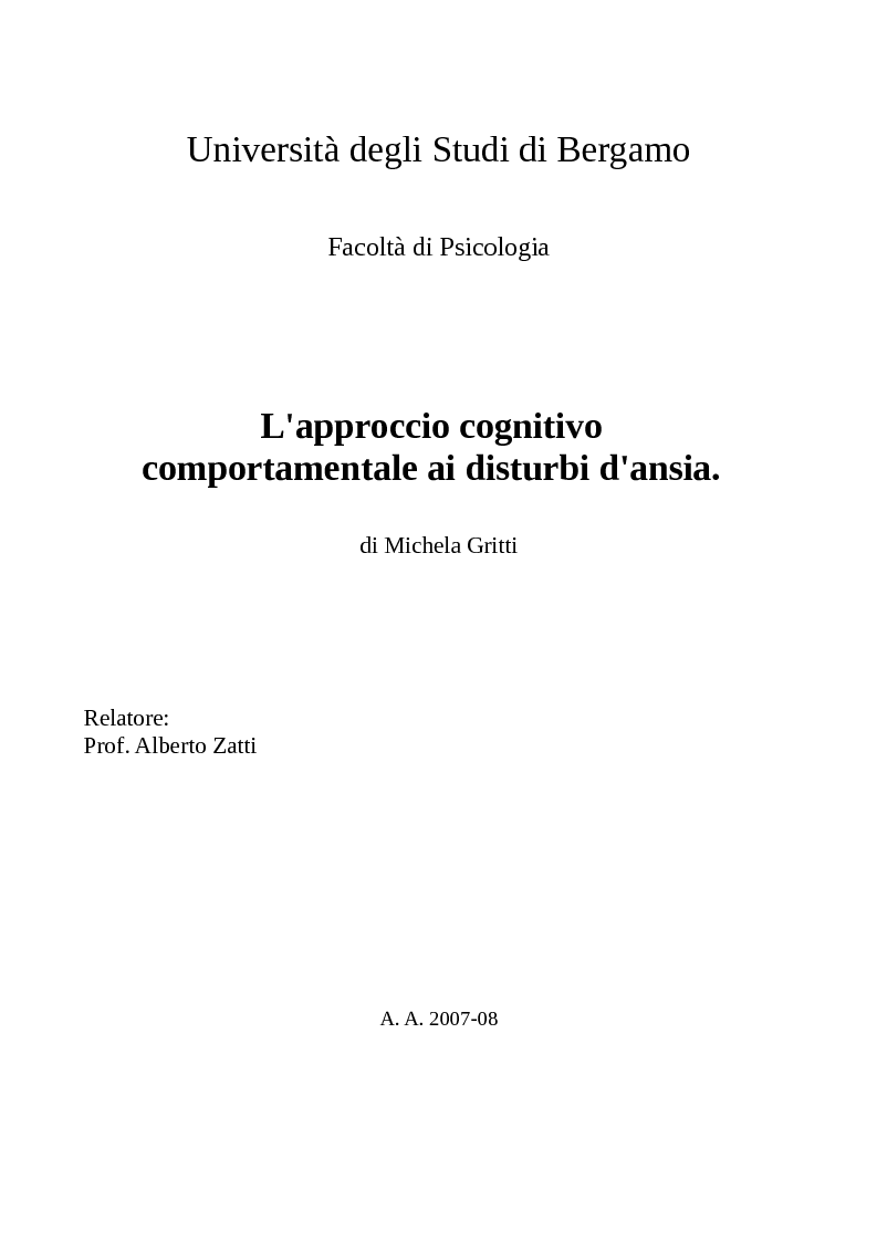 Anteprima della tesi: L'approccio cognitivo comportamentale ai disturbi d'ansia, Pagina 1