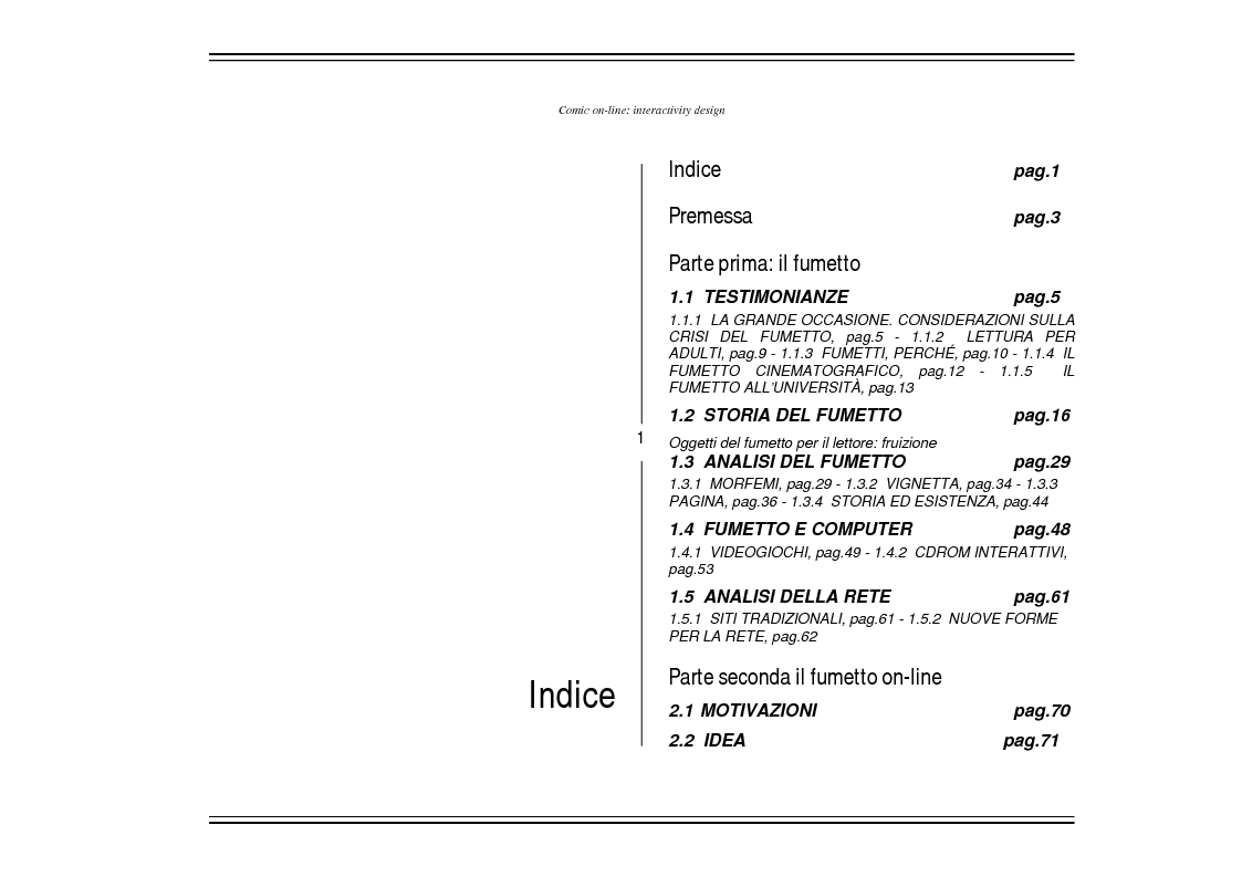 Indice della tesi: Comic On-Line: Interactivity Design, Pagina 1